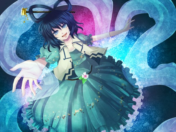 Anime picture 1400x1050 with touhou kaku seiga yuha (yh-krm) single short hair open mouth blue eyes black hair outstretched arm girl dress hair ornament