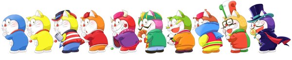 Anime picture 2360x488 with doraemon doraemon (character) dorami dora-med iii dora-rinho dora-the-kid dorapin el matadora jaidora wang dora umemaru simple background wide image white background horn (horns) group hat glasses jacket scarf