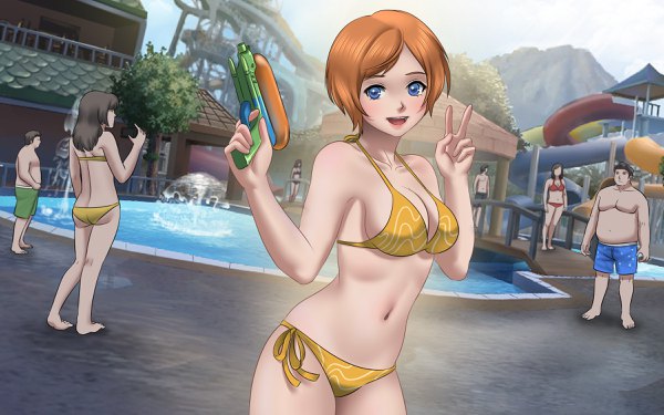 Anime picture 2400x1500 with love convention enako mawa setiawan looking at viewer highres short hair breasts open mouth blue eyes light erotic smile multiple girls game cg orange hair multiple boys victory photo background girl boy navel