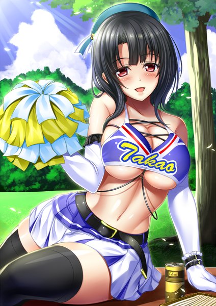 Anime picture 723x1023 with kantai collection takao heavy cruiser shibata rai single tall image blush short hair breasts open mouth light erotic black hair red eyes large breasts midriff cheerleader girl thighhighs skirt gloves navel