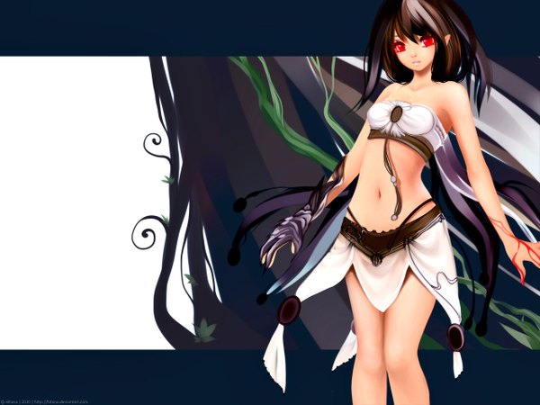 Anime picture 1280x960 with hitana single long hair simple background red eyes brown hair bare shoulders wallpaper girl navel blood