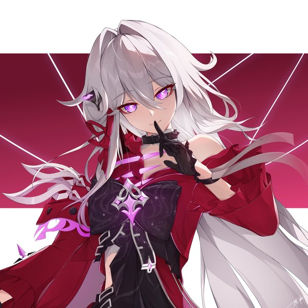 Anime picture 3500x3500 with honkai impact 3rd honkai (series) thelema (honkai impact) ooo wange single long hair looking at viewer fringe highres smile hair between eyes purple eyes absurdres silver hair upper body head tilt finger to mouth girl gloves black gloves