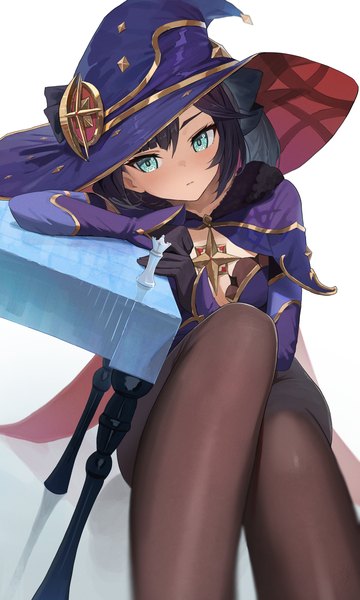 Anime picture 1800x3000 with genshin impact mona megistus hidulume single long hair tall image looking at viewer highres light erotic black hair simple background white background sitting aqua eyes girl hat pantyhose black pantyhose witch hat table
