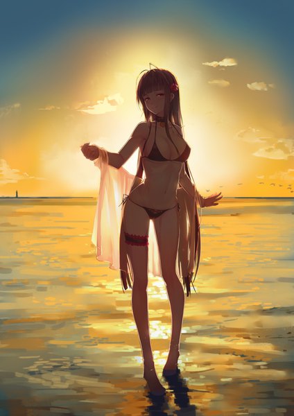 Anime picture 2480x3508 with girls frontline dsr-50 (girls frontline) hentai kuwa single tall image looking at viewer blush fringe highres breasts light erotic smile red eyes brown hair large breasts standing bare shoulders payot sky cleavage