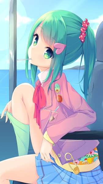 Anime picture 1080x1920 with tokyo 7th sisters serizawa momoka mimura zaja single long hair tall image looking at viewer fringe short hair holding green eyes payot sky cloud (clouds) bent knee (knees) head tilt green hair side ponytail eating girl