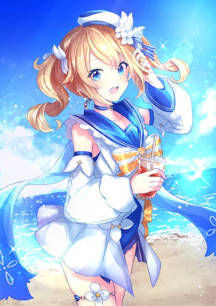 Anime picture 1000x1414 with genshin impact barbara (genshin impact) barbara (summertime sparkle) (genshin impact) shiohari kanna single long hair tall image open mouth blue eyes blonde hair twintails looking away sky cloud (clouds) outdoors :d sparkle dutch angle beach lens flare
