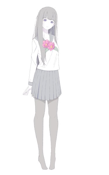 Anime picture 750x1200 with original natuich single long hair tall image fringe breasts simple background standing white background purple eyes ahoge long sleeves parted lips head tilt pleated skirt grey hair no shoes hands behind back squat