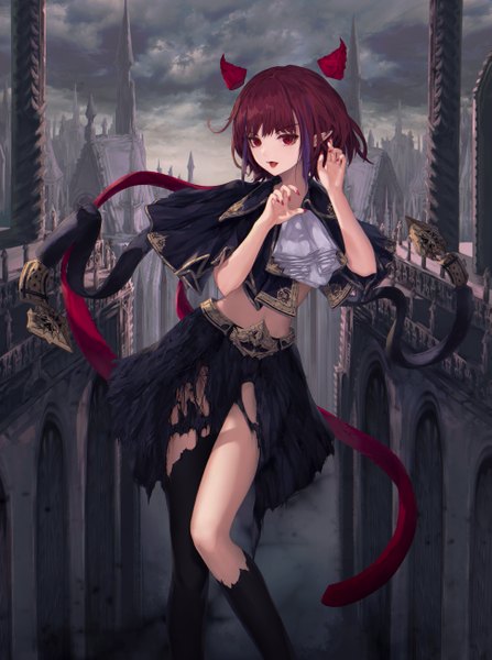 Anime picture 969x1300 with original jname single tall image looking at viewer fringe short hair open mouth red eyes standing payot sky cloud (clouds) outdoors red hair nail polish multicolored hair horn (horns) fingernails pointy ears