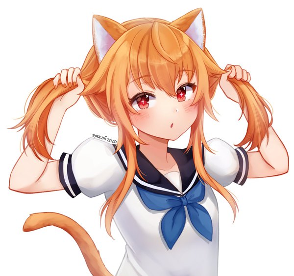 Anime-Bild 1685x1587 mit virtual youtuber indie virtual youtuber kaheru (vtuber) temachii single long hair looking at viewer simple background red eyes white background twintails signed animal ears upper body tail parted lips animal tail cat ears orange hair :o