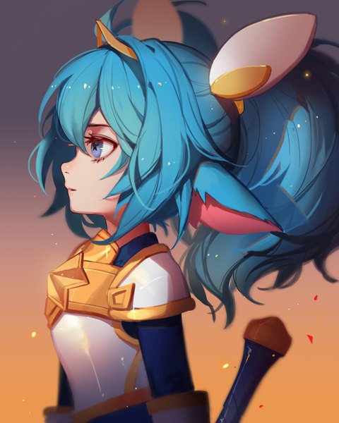 Anime picture 1445x1808 with league of legends poppy (league of legends) star guardian poppy songjikyo single long hair tall image fringe blue eyes twintails blue hair looking away upper body profile alternate costume gradient background symbol-shaped pupils magical girl girl hair ornament