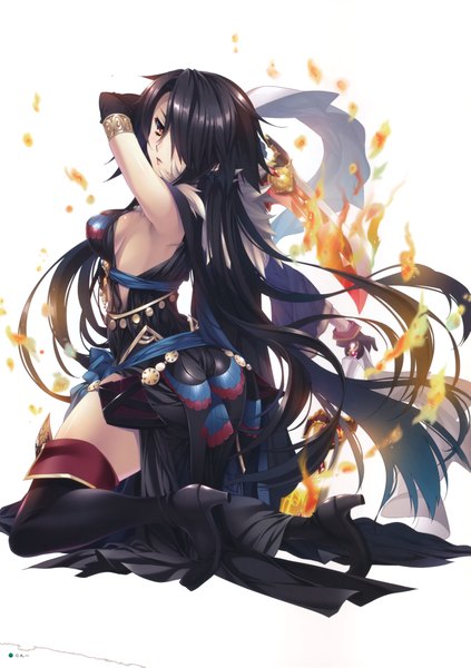 Anime picture 5763x8166 with madan no ou to vanadis katagiri hinata single long hair tall image blush fringe highres breasts light erotic black hair simple background white background brown eyes absurdres scan hair over one eye girl dress weapon