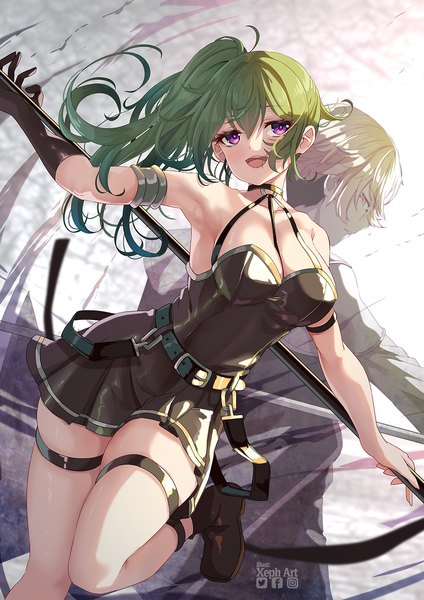 Anime picture 1061x1500 with sousou no frieren ubel (sousou no frieren) land (sousou no frieren) xephonia long hair tall image fringe short hair breasts open mouth light erotic blonde hair hair between eyes purple eyes cleavage :d green hair side ponytail girl dress