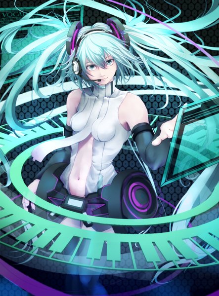 Anime picture 1700x2300 with vocaloid vocaloid append hatsune miku hatsune miku (append) koukyou single long hair tall image highres smile twintails bare shoulders very long hair aqua eyes aqua hair girl navel detached sleeves choker headset
