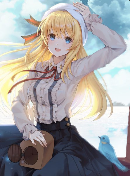 Anime picture 1046x1410 with original pistachiocream single long hair tall image looking at viewer blush fringe open mouth blue eyes blonde hair smile hair between eyes sitting payot sky cloud (clouds) outdoors long sleeves :d
