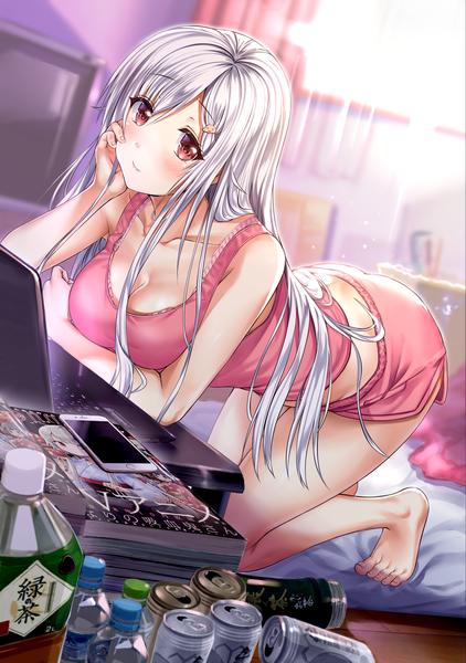 Anime picture 1056x1500 with original neeko arudehido single long hair tall image looking at viewer blush fringe breasts light erotic hair between eyes brown eyes cleavage silver hair indoors barefoot light smile kneeling breast hold