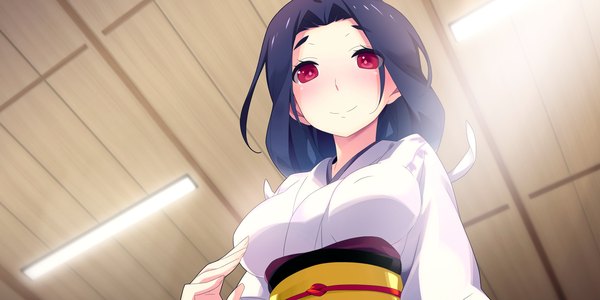 Аниме картинка 2400x1200 с kaminoyu (game) длинные волосы румянец высокое разрешение чёрные волосы улыбка красные глаза широкое изображение game cg японская одежда девушка кимоно