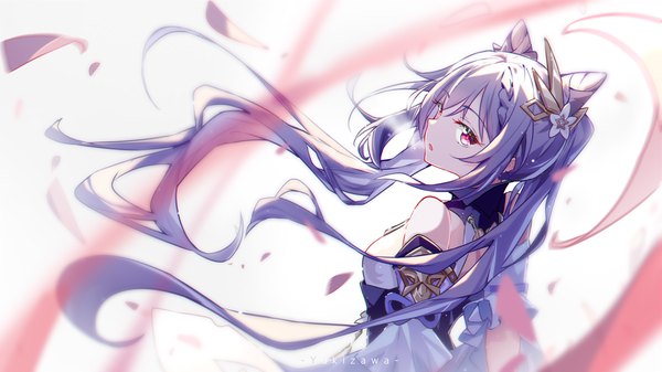 Anime picture 3840x2160 with genshin impact keqing (genshin impact) yukizawa xueze single long hair looking at viewer fringe highres breasts open mouth simple background hair between eyes wide image white background twintails bare shoulders signed absurdres purple hair upper body