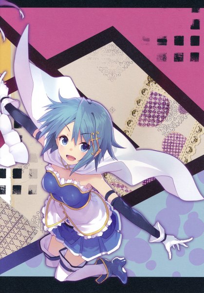 Anime picture 4098x5863 with mahou shoujo madoka magica shaft (studio) miki sayaka shirabi single tall image looking at viewer blush fringe highres short hair breasts open mouth blue eyes bare shoulders blue hair absurdres from above scan high heels