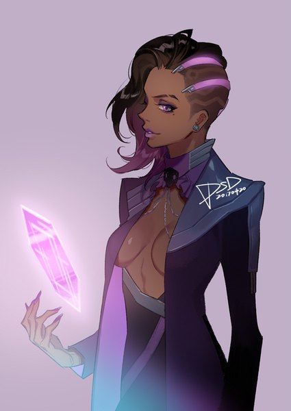 Anime picture 650x918 with overwatch blizzard entertainment sombra (overwatch) psd (pixiv) single tall image short hair breasts light erotic black hair simple background purple eyes signed profile mole no bra mole under eye lipstick dark skin dated