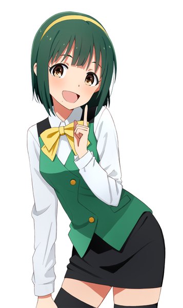 Anime picture 1015x1703 with idolmaster otonashi kotori yahiro (epicopeiidae) single tall image blush fringe short hair open mouth simple background white background brown eyes green hair mole zettai ryouiki mole under mouth girl thighhighs skirt black thighhighs