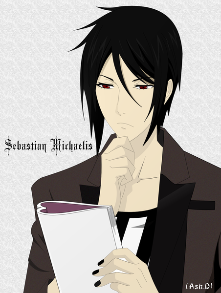 Anime picture 1499x1989 with kuroshitsuji a-1 pictures sebastian michaelis single tall image short hair black hair simple background red eyes looking away nail polish inscription butler boy notebook