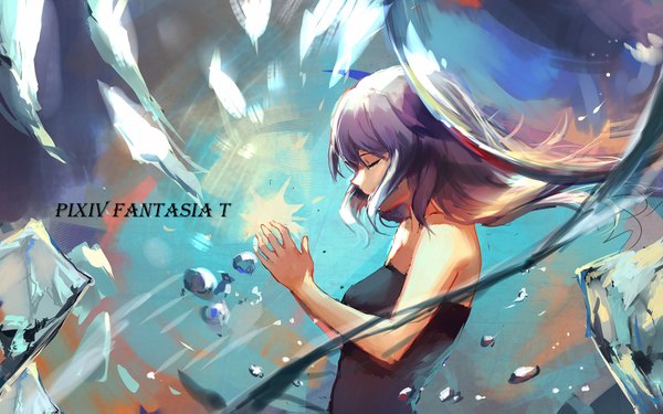 Anime picture 1700x1063 with original pixiv fantasia pixiv fantasia t sishenfan single long hair purple hair eyes closed profile wind inscription sleeveless girl dress black dress ice