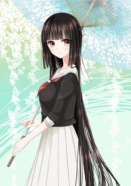 Anime picture 707x1000 with original hiroharu single tall image looking at viewer black hair brown eyes very long hair girl skirt serafuku umbrella