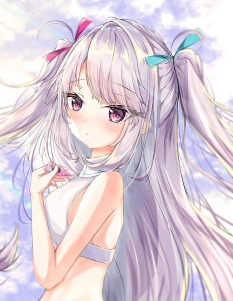 Anime picture 1592x2048 with virtual youtuber ruka ch. otomata ruka megumi kei single long hair tall image looking at viewer blush fringe breasts bare shoulders payot sky silver hair cloud (clouds) upper body outdoors pink eyes wind