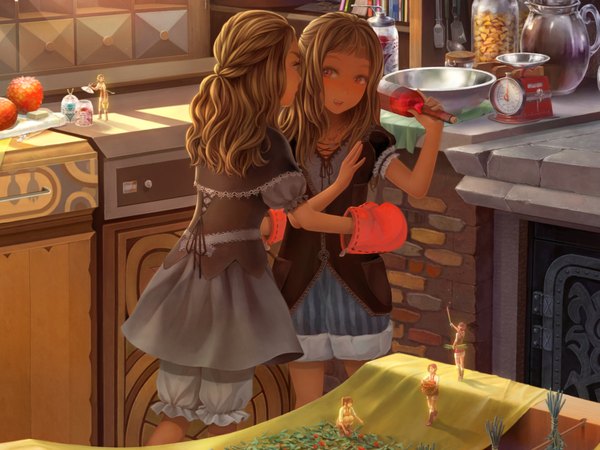 Anime picture 1600x1200 with original a kd (artist) long hair red eyes brown hair multiple girls minigirl girl dress 2 girls fruit bottle basket wine kitchen jar pitcher weighing scale oven mittens