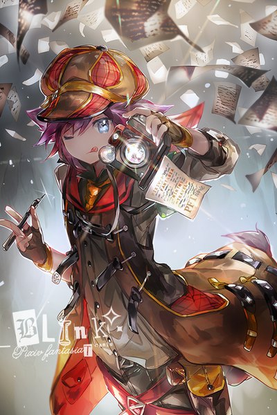 Anime picture 550x825 with original pixiv fantasia pixiv fantasia t namie-kun single tall image looking at viewer short hair blue eyes standing purple hair one eye closed sparkle text :q boy gloves jacket belt tongue