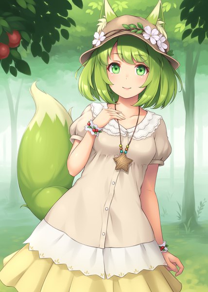 Anime picture 900x1260 with original sasaame single tall image looking at viewer blush fringe short hair smile standing green eyes animal ears outdoors tail animal tail green hair short sleeves puffy sleeves fox ears hand on chest