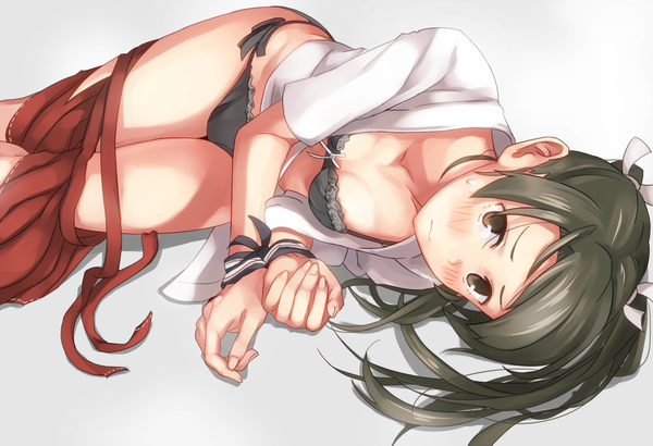 Anime picture 1032x706 with kantai collection zuikaku aircraft carrier makio (battle of my generation) single long hair looking at viewer blush fringe breasts light erotic black hair simple background white background twintails brown eyes ponytail lying traditional clothes japanese clothes grey background