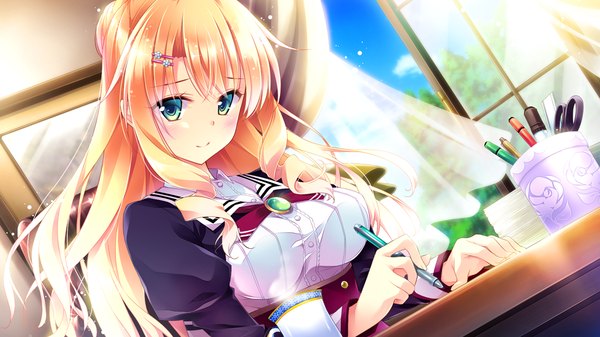 Anime picture 1280x720 with golden marriage ensemble (studio) kasugano yukariko single long hair looking at viewer blush blue eyes blonde hair wide image game cg girl dress uniform school uniform