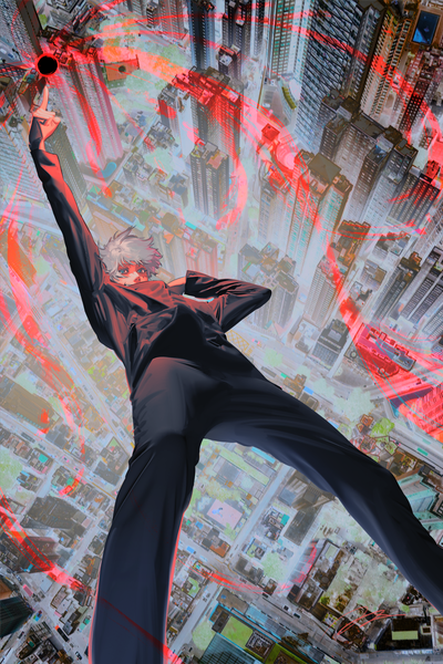 Anime picture 1300x1950 with jujutsu kaisen mappa gojou satoru nazumu (user jnse8833) single tall image looking at viewer short hair blue eyes silver hair city cityscape covered mouth falling boy building (buildings) skyscraper sphere