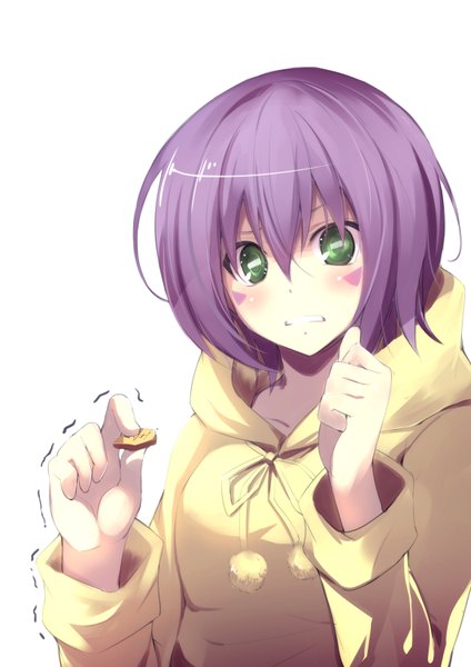 Anime picture 1158x1637 with yumekui merry merry nightmare jijii48 single tall image looking at viewer blush short hair simple background white background green eyes purple hair symbol-shaped pupils trembling girl hood hoodie