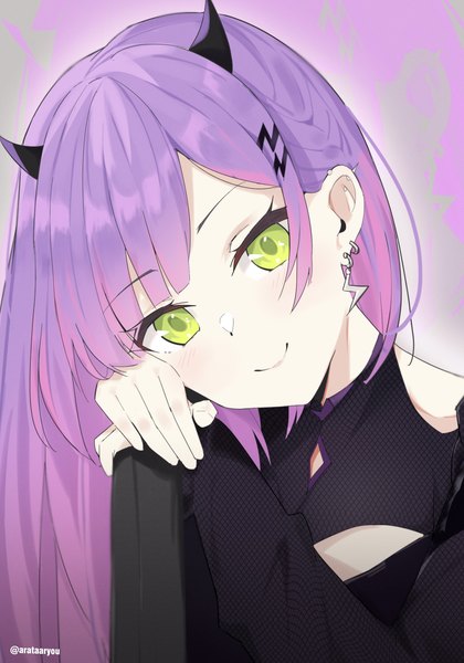 Anime picture 1678x2397 with virtual youtuber hololive tokoyami towa arata ryou single long hair tall image looking at viewer smile green eyes signed purple hair horn (horns) twitter username piercing ear piercing girl