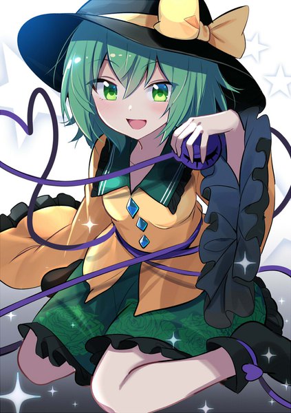 Anime picture 800x1134 with touhou komeiji koishi e.o. single tall image blush fringe short hair open mouth hair between eyes sitting green eyes looking away :d green hair sparkle wariza heart of string girl hat