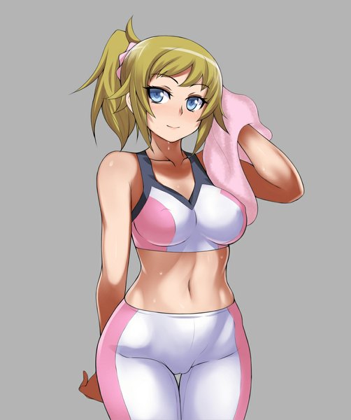 Anime picture 932x1115 with mobile suit gundam gundam build fighters sunrise (studio) hoshino fumina hevn single tall image short hair breasts blue eyes light erotic simple background blonde hair smile large breasts bare shoulders looking away ponytail grey background bare belly