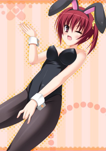 Anime picture 1039x1476 with noble works sanjou makoto aria. single tall image blush short hair light erotic red eyes red hair one eye closed wink bunny ears girl bunnysuit
