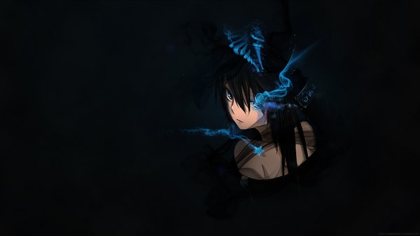 Anime picture 1920x1080 with black rock shooter vocaloid black rock shooter (character) kuroi mato single long hair highres blue eyes black hair wide image looking back black background girl star (symbol) skull