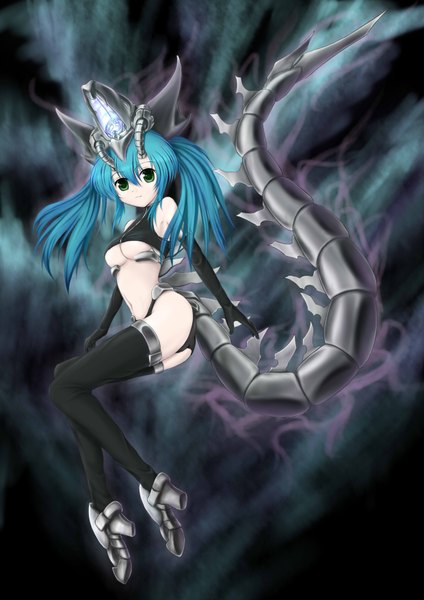 Anime picture 2480x3508 with yu-gi-oh! zheyi parker single long hair tall image highres light erotic bare shoulders green eyes blue hair tail monster girl girl thighhighs navel underwear panties black thighhighs shoes