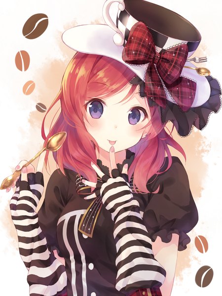 Anime picture 1000x1333 with love live! school idol project sunrise (studio) love live! nishikino maki nonono (nononotea) single tall image looking at viewer blush short hair purple eyes holding pink hair finger to mouth striped girl gloves bow elbow gloves tongue
