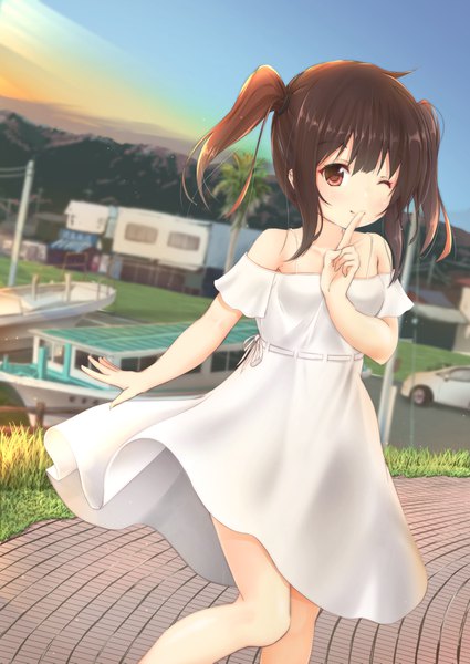 Anime picture 2508x3541 with original maru shion single tall image fringe highres short hair hair between eyes brown hair standing twintails bare shoulders brown eyes payot sky ahoge bent knee (knees) outdoors one eye closed wink