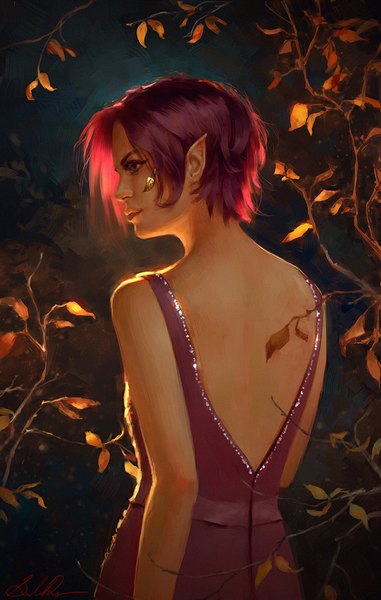 Anime picture 650x1023 with original selenada single tall image short hair red eyes looking away red hair light smile pointy ears realistic tattoo back dark skin dark background elf girl dress plant (plants) tree (trees)