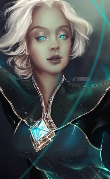 Anime picture 2517x4062 with league of legends camille (league of legends) wandakun single tall image looking at viewer highres short hair signed upper body white hair parted lips aqua eyes lips realistic portrait girl gem