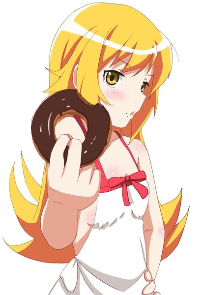 Anime picture 2397x3482 with bakemonogatari shaft (studio) monogatari (series) oshino shinobu akumu (hiziiiiii) single long hair tall image blush highres open mouth blonde hair simple background white background bare shoulders yellow eyes loli girl food sundress