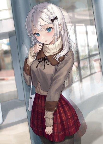 Anime picture 1488x2081 with original r o ha single long hair tall image looking at viewer fringe breasts open mouth blue eyes standing payot outdoors braid (braids) long sleeves blurry plaid skirt reflection side braid hand to mouth