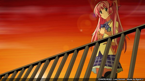 Anime picture 1920x1080 with chaos;head sakihata rimi long hair highres wide image pink hair evening sunset girl serafuku