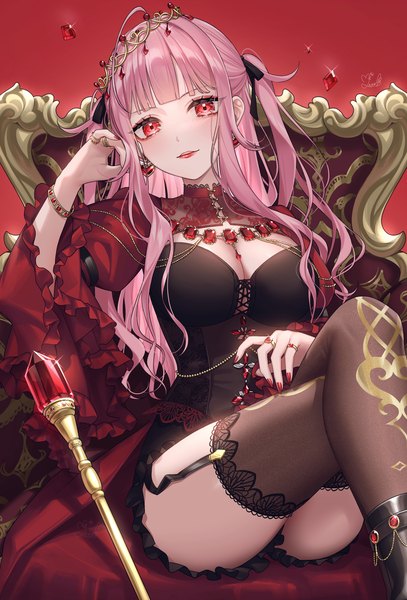 Anime picture 2349x3460 with original mairo (ilo) single long hair tall image looking at viewer fringe highres breasts light erotic red eyes large breasts sitting signed pink hair cleavage ahoge blunt bangs nail polish parted lips