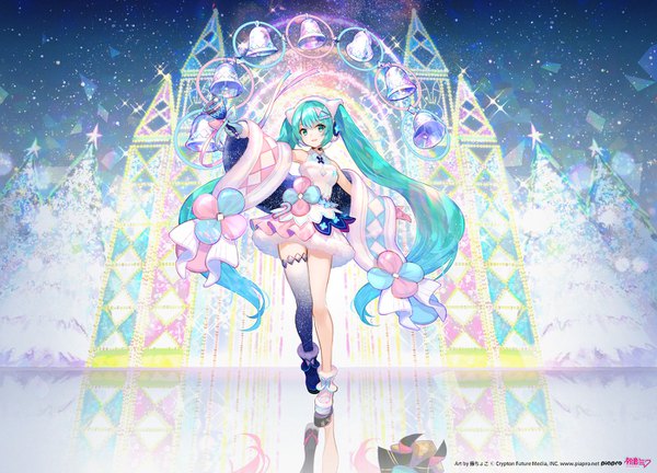 Anime picture 1400x1008 with vocaloid magical mirai (vocaloid) crypton future media hatsune miku magical mirai miku magical mirai miku (2020 winter) fuzichoco single looking at viewer twintails full body very long hair aqua eyes aqua hair official art reflection spread arms girl thighhighs dress